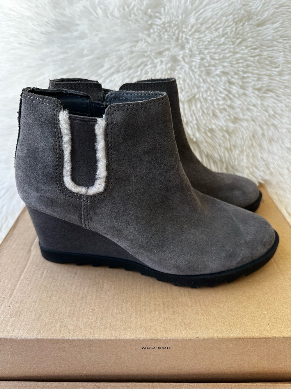 KOOLABURRA by UGG Yonela Gray Suede Wedge Ankle Boots Shearling Women’s 7.5